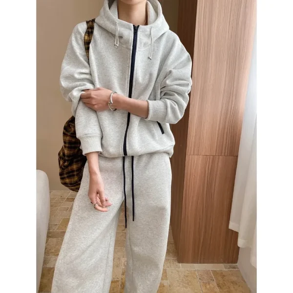 Spring Casual Stand Up Collar Hooded Sweatshirt Drawstring Elastic Sweat Pants Women Two-piece Set